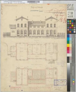 Stationsgebäude zu Dinslaken und Empel [Dinslaken gestrichen] der Köln-Mindener Eisenbahn-Gesellschaft, Blatt 1: Fundamentplan, Grundriß Erdgeschoß, Vorder-Ansicht, M. 1:100 Hge, Sknr.: 5, Fanr.: 4, Bunr.: 2