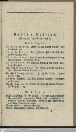 Lokal-Notizen (vorzüglich für Fremde)