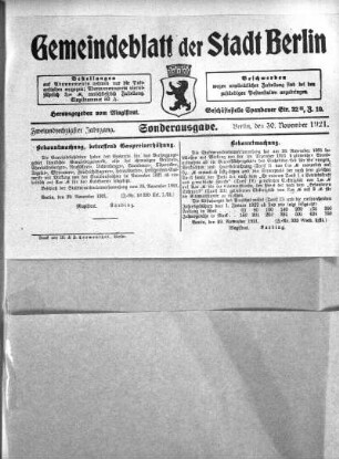 Sonderausgabe, 30. November 1921