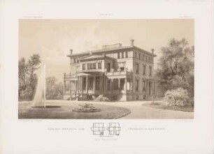 Villa Bleichröder, Berlin-Charlottenburg: Grundrisse, Perspektivische Ansicht (aus: Architektonisches Skizzenbuch, H. 72/1, 1865)