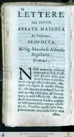 Lettere del Signor Abbate Massola di Presentare.