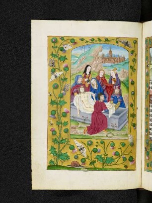 Vollbordürenseite mit Streumusterbordüre und Miniatur: Grablegung (Komplet)