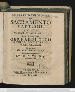 Disputatio Theologica De Sacramento Baptismi