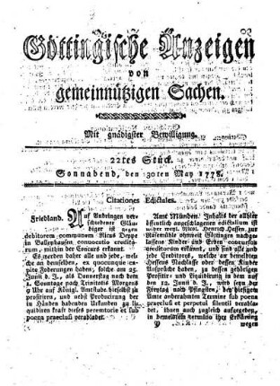 22tes Stück. Sonnabend, den 30ten May 1778.