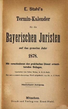 Stahl's Terminkalender für die bayerischen Juristen, 15. 1878