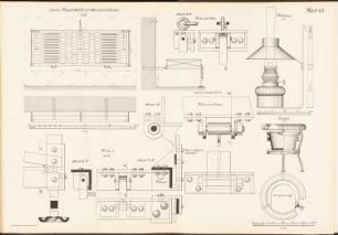 Eiserne Klappbettstelle mit Spiraldrahtboden: Ansichten, Schnitte, Details (aus: Musterzeichnungen f. d. Ausbau v. Gefängnissen in Preußen, bearb.im Ministerium d. öffentl. Arbeit, 1912)