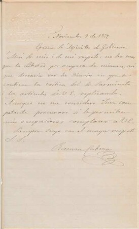 [Carta de Ramon Cabera a Vicente Quesada en español, 9 de noviembre de 1877]