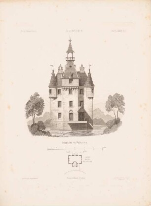 Burghaus, Welkeroth: Grundriss, Ansicht (aus: Architektonisches Skizzenbuch, H. 135/6, 1875)