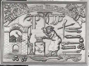 Eisenkunstguß Ilsenburg: Ofenplatte aus Gußeisen mit Schmiededarstellung und Inschrift (1813). Ilsenburg (Harz): Heimatmuseum