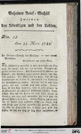Geheimer Brief-Wechsel zwischen den Lebendigen und den Todten Nro. 13