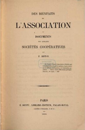 Des Bienfaits de l'Association et documents sur quelques Sociétés coopératives
