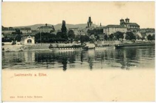 Leitmeritz. Blick über die Elbe mit Dampfschiff "John Penn" zu Rathaus und Jesuitenkolleg