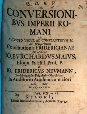Diss. de conversionibus imperii romani ab Augusto usque ad Constantinum M.