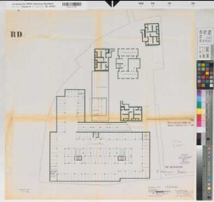 Münster (Münster) Entwurf des Regierungsgebäudes Grundriß Tiefgeschoß 1964 1 : 200 69 x 70 farb. Vervielfältigung Staatsneubauleitung Münster