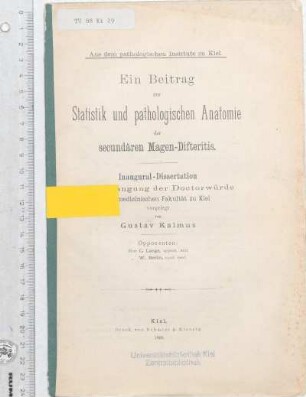 Ein Beitrag zur Statistik und pathologischen Anatomie der secundären Magen-Difteritis