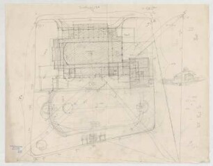 Thiersch, Friedrich von; Kassel; Stadthalle - Lageplan, Grundriss, Perspektive