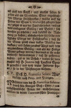 §. V. Deß H. Francisci Solani Wiederkehr nach Peru, und Predigen.