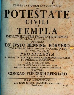 Dissertationem Inavgvralem De Potestate Civili In Templa