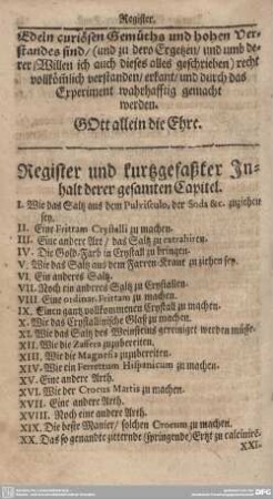 Register und kurtzgefaßter Inhalt derer gesamten Capitel.