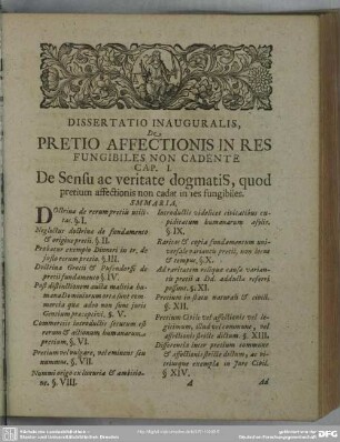 Cap. I. De Sensu ac veritate dogmatis, quod pretium affectionis non cadat in res fungibiles