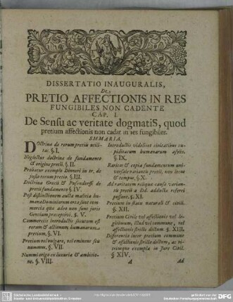 Cap. I. De Sensu ac veritate dogmatis, quod pretium affectionis non cadat in res fungibiles