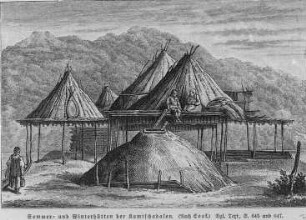 Sommer- und Winterhütten der Kamtschadalen : Länderkunde | Ethnographie, Asien | Russland