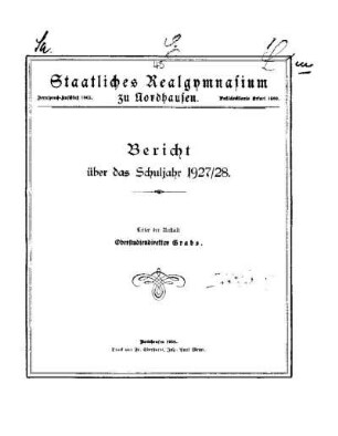 1927/28: Bericht des Staatlichen Realgymnasiums Nordhausen ... - 1927/28
