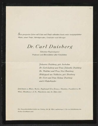 Brief von Johanna Duisberg, Carl-Ludwig Duisberg und Hildegard Duisberg an Gerhart Hauptmann