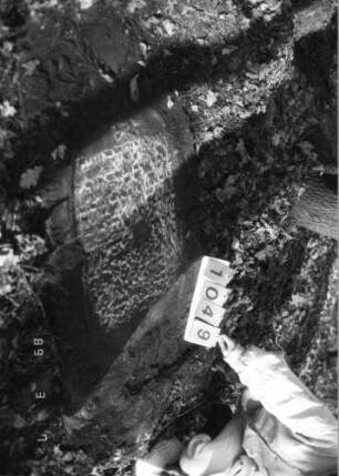 Grabstein 1049 (Index: 99751151) Material: Sandstein Zustand: stark verwitt/Textverl/Stele liegend Maße HxBxT: 172x76x9 cm Beschreibung: Stele, ovales Schriftfeld Symbolik: Blumen, Ranken: Grabstein 1049