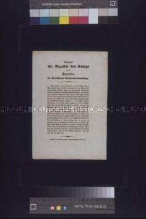 Handzettel: Antwort des preußischen Königs Friedrich Wilhelm IV. an die Kaiserdeputation der deutschen Nationalversammlung; undatiert