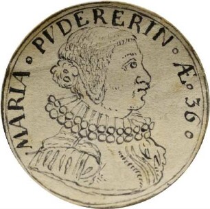 Federzeichnung der Vorderseite einer Medaille auf Maria Pudererin