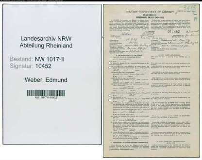Entnazifizierung Edmund Weber , geb. 15.05.1909 (Lokomotivfuehrer)