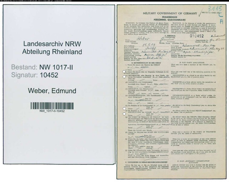 Entnazifizierung Edmund Weber , geb. 15.05.1909 (Lokomotivfuehrer)