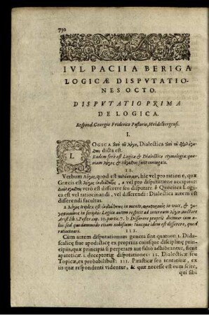 Iul. Pacii A Beriga Logicae Disputationes Octo.