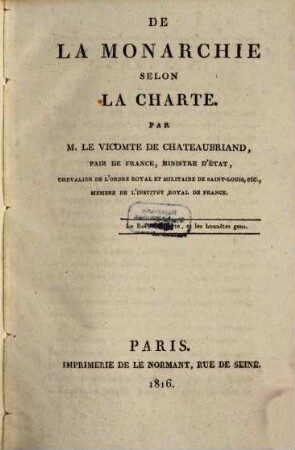 De la Monarchie Selon la Charte