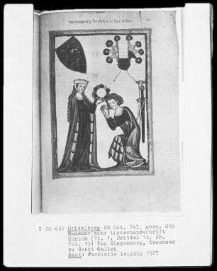 Manessische Liederhandschrift, Faksimile — Herr Ulrich von Singenberg Truchseß von Sankt Gallen, empfängt von seiner Dame den Minnelohn, Folio 151recto
