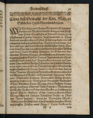 91-93, Copia deß Gewalts der Kön. May. in Schweden Herrn Bevollmächtigten