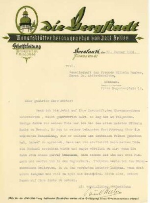 Korrespondenz von Paul Keller an Thaddäus Abitz-Schultze