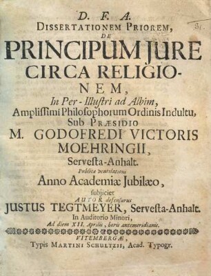 De Principum Iure Circa Religionem, 1. Dissertationem Priorem, ...