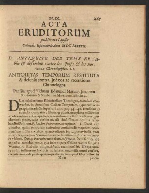 N. IX. [...] Calendis Septembris Anni M DC LXXXVII.