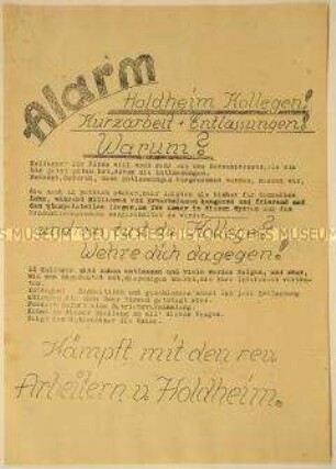 Solidaritätsaufruf der gegen weitere Entlassungen streikenden Arbeiter der Firma Holdheim