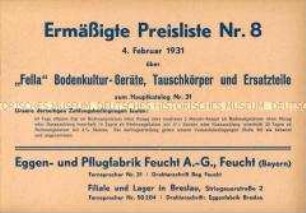 Ermäßigte Preisliste Nr. 8 für "Fella"-Bodenkulturgeräte