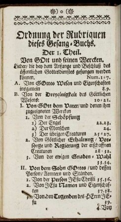 Ordnung der Rubriquen dieses Gesang-Buchs.