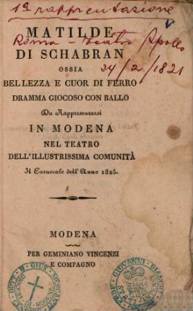 Matilde di Shabran ossia Bellezza e cuor di ferro