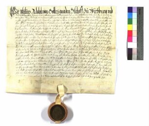 Bischof Philipp Adolf von Würzburg verleiht an Georg Friedrich, Graf von Hohenlohe Kälberbach; Siegel des Bischofs; Pergament.