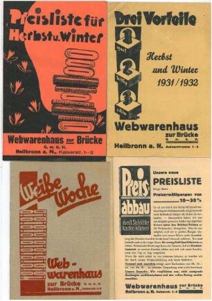 Preislisten des Webwarenhaus zur Brücke G.m.b.H. Kaiserstraße 1-3 für Bettwäsche, Haushaltswäsche, Stoffe und Bekleidung Abb.: Auswahl