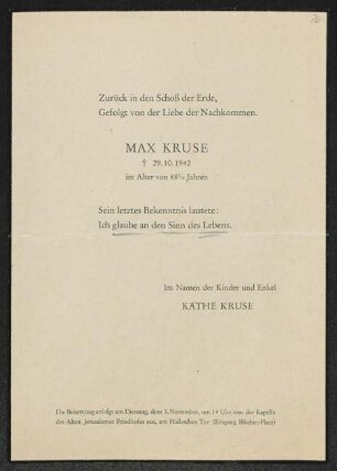 Brief von Käthe Kruse an Gerhart Hauptmann und Margarete Hauptmann