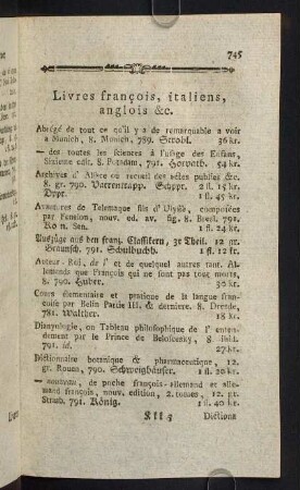 745-748, Livres francois, italiens, anglois &c.