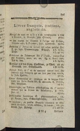 745-748, Livres francois, italiens, anglois &c.