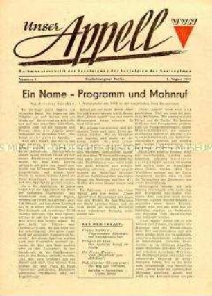 Erste Ausgabe der Halbmonatszeitung der VVN "Unser Appell" u.a. zum Programm der Vereinigung